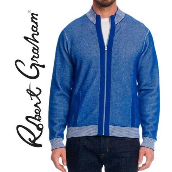 ROBERT GRAHAM SWEATER ZIP UP RIBBED MOCK NECK WOOL BLEND 
SZ L BLUE VERSATILE - Picture 1 of 16